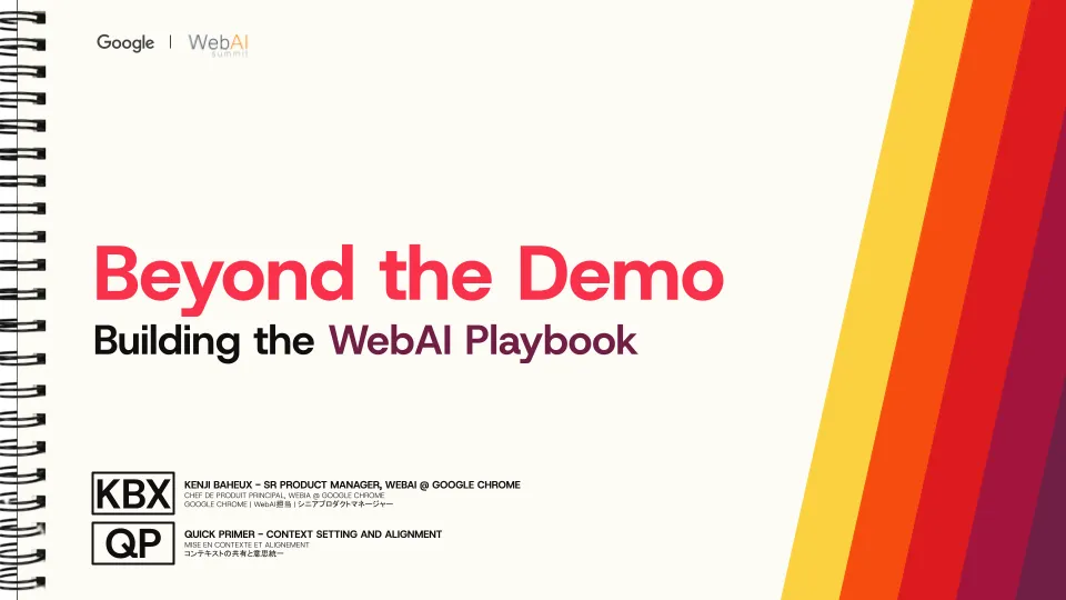 A screenshot of the Web AI Summit 2025 presentation deck. A gradient banner in red, orange, yellow, and dark purple serves as a backdrop for the text "Beyond the Demo Building the WebAI Playbook."