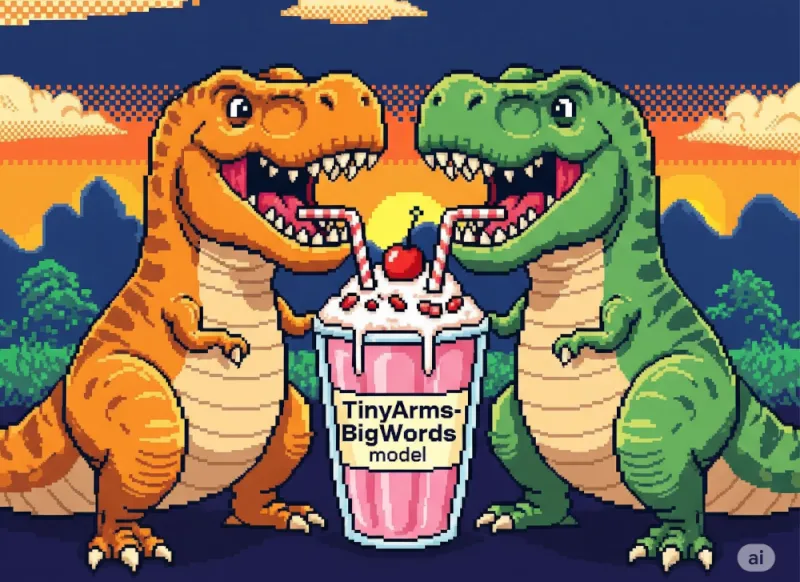 Retro 8-bit image of two T-Rexes drinking from the same milkshake labelled TinyArmsBigWords model.