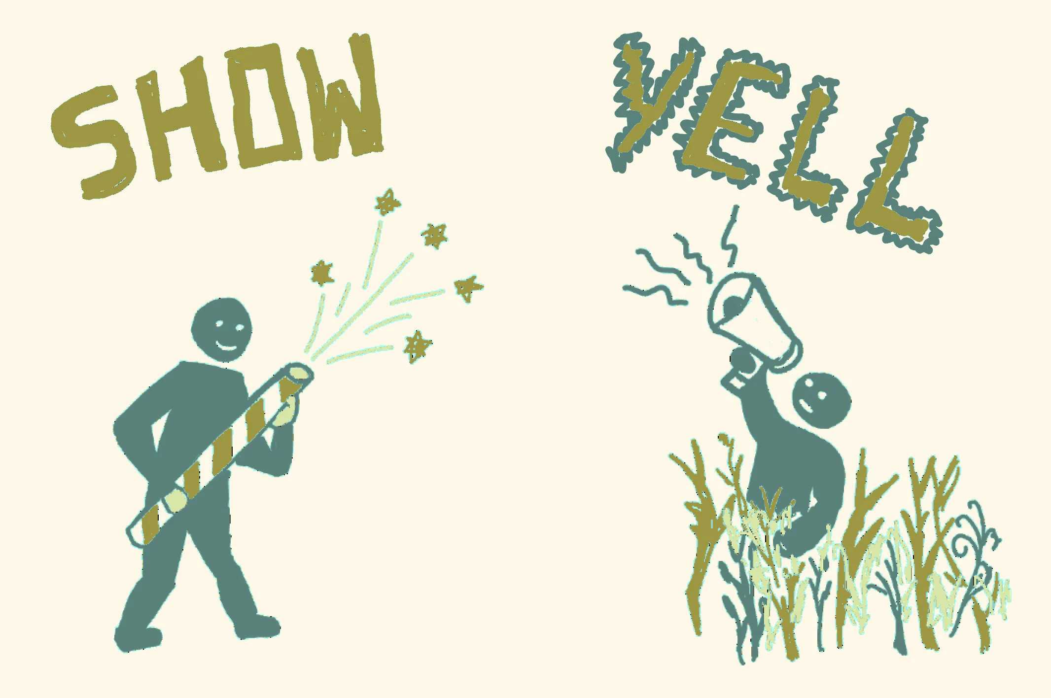 SHOW: A person ignites a firecracker, sparks erupting around them. YELL: Another person yells into a megaphone in tall grass.
