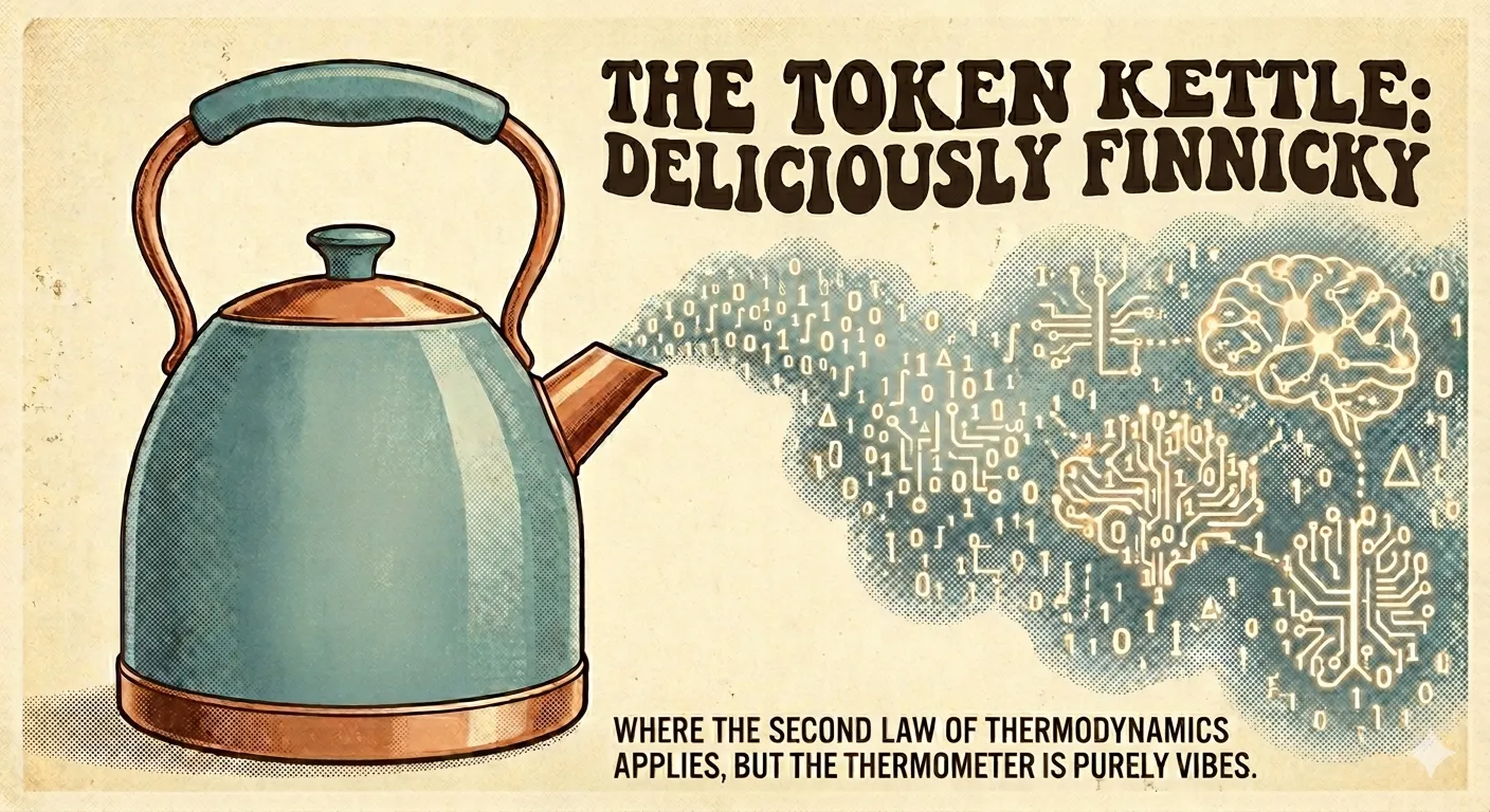 A teal kettle whistles, releasing steam filled with binary code and neural network diagrams.  The illustration represents the concept of thermodynamics applied playfully to AI. The title reads "The token kettle: deliciously finnicky" and the footnote reads "Where the second law of thermodynamics applies, but the thermometer is purely vibes"